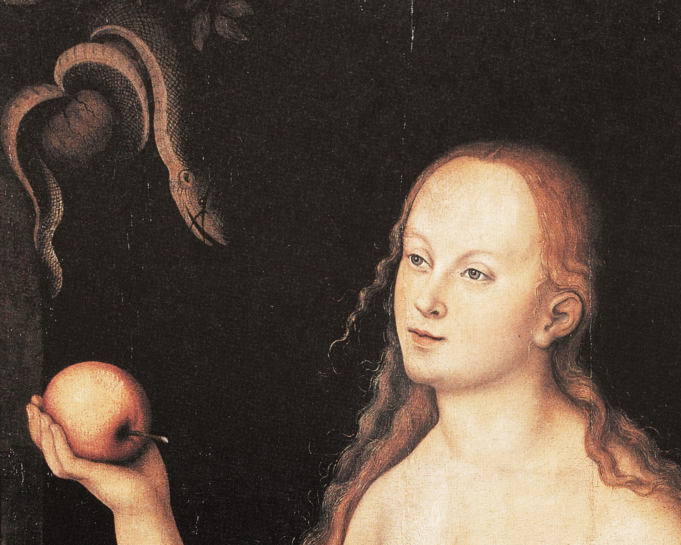 A snake in a tree and a woman gaze intimately at each other, the latter holding an apple in her palm.