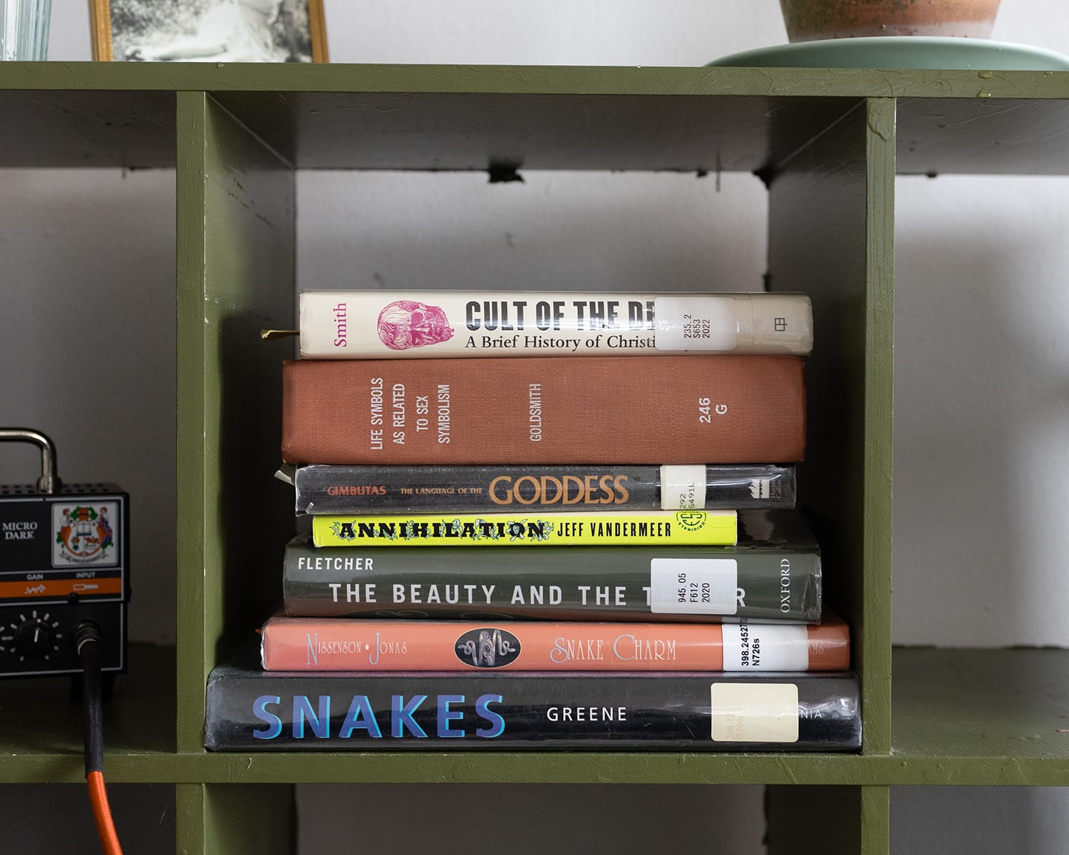 A stack of library books on a wooden shelf, with titles like 'Goddess' and 'Cult of the Dead'.